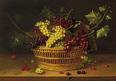 ₴ Репродукция натюрморт "Корзина винограда, вишни и клубника на выступе"