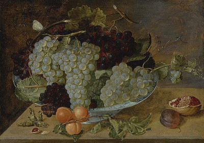 ₴ Репродукция натюрморт "Натюрморт с виноградом, персиками и гранатом на каменном выступе"