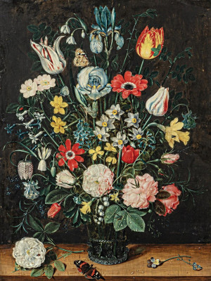 ₴ Репродукция цветочный натюрморт "Натюрморт с цветами и бабочками"