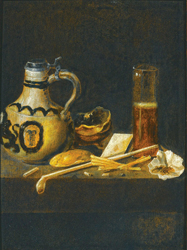 Натюрморт: Курительная трубка, серные палочки, глиняный кувшин, игральные карты и стакан пива, все на каменном выступе - Вельде Ян ван де