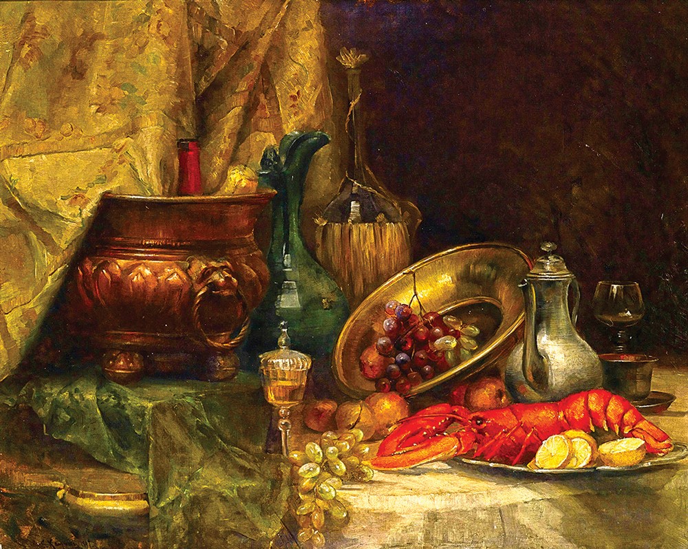 Натюрморт: Омар, фрукты и посуда - Кауфман Адольф