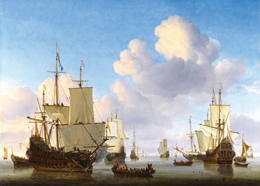Голландские военные корабли и другие доставляющие солдат при штиле