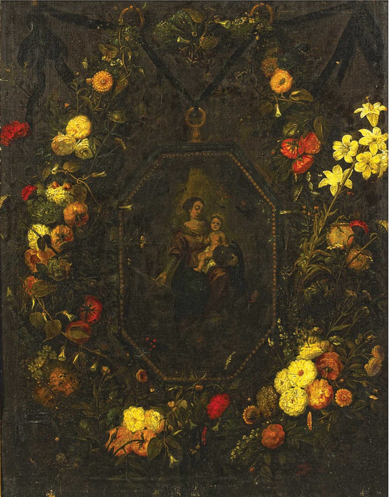 Богоматерь с младенцем окруженная цветочной гирляндой